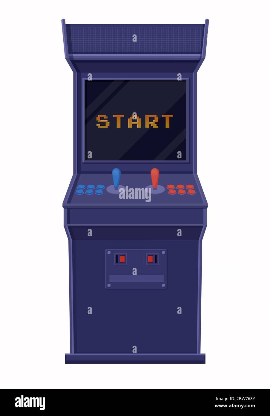 Macchina per giochi Arcade inclusa. Console di gioco retro blu con schermo nero e inizio iscrizione. Illustrazione Vettoriale