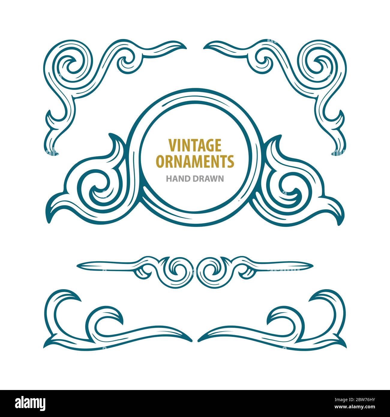 Set di ornamenti vintage. Elementi decorativi vettoriali floreali disegnati a mano con incisioni. Parte del set. Illustrazione Vettoriale