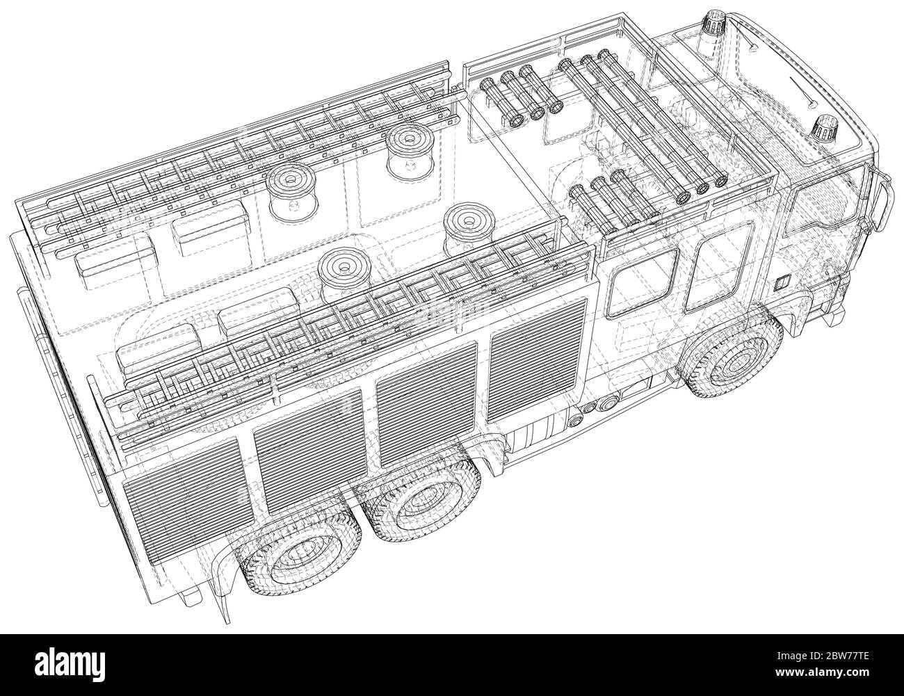 Vettore di illustrazione del motore antincendio. Linea del telaio del filo del camion antincendio isolata. Rendering vettoriale di 3d. Illustrazione Vettoriale