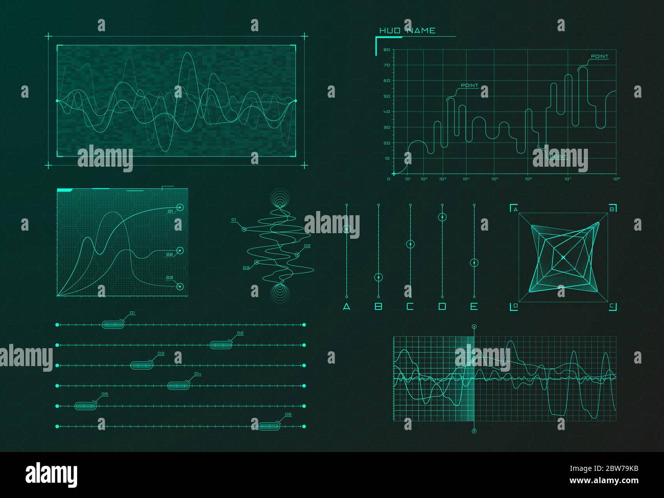 Set di elementi infografici HUD. Diagrammi e diagrammi sci-fi per interfaccia utente futuristica HUD, UI, GUI. Tema dell'analisi dei big data. Verde virtuale Illustrazione Vettoriale