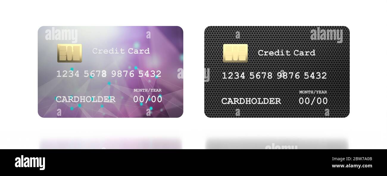 Carte di credito isolate su sfondo bianco. Modello realistico due carte insieme, disegno di dettaglio. Concetto di banca elettronica, finanza e shopping. Foto Stock