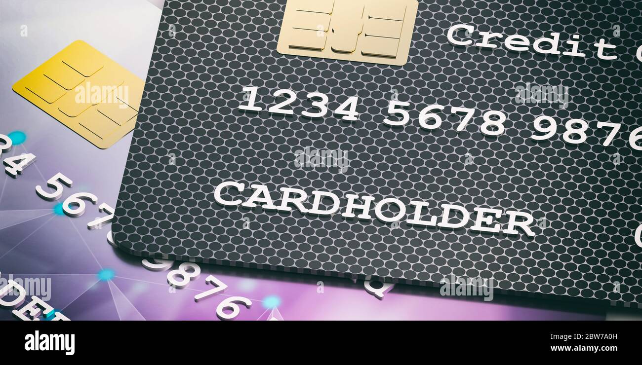 Carte di credito sfondo. Vista realistica di primo piano di due carte. Concetto di banca elettronica, finanza e shopping. illustrazione 3d Foto Stock