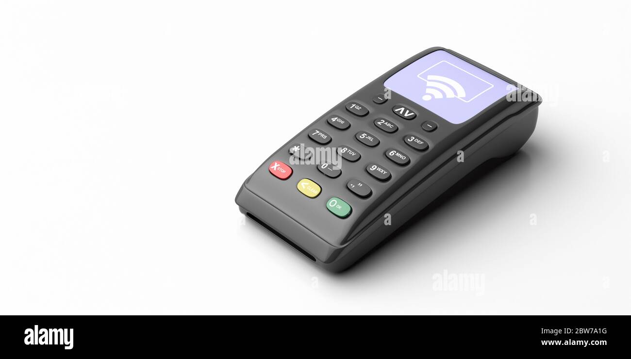 Terminale POS, dispositivo di pagamento isolato su sfondo bianco. Shopping NFC bancomat pagamenti bancari. Modello di primo piano realistico, design di dettaglio. illustrazione 3d Foto Stock