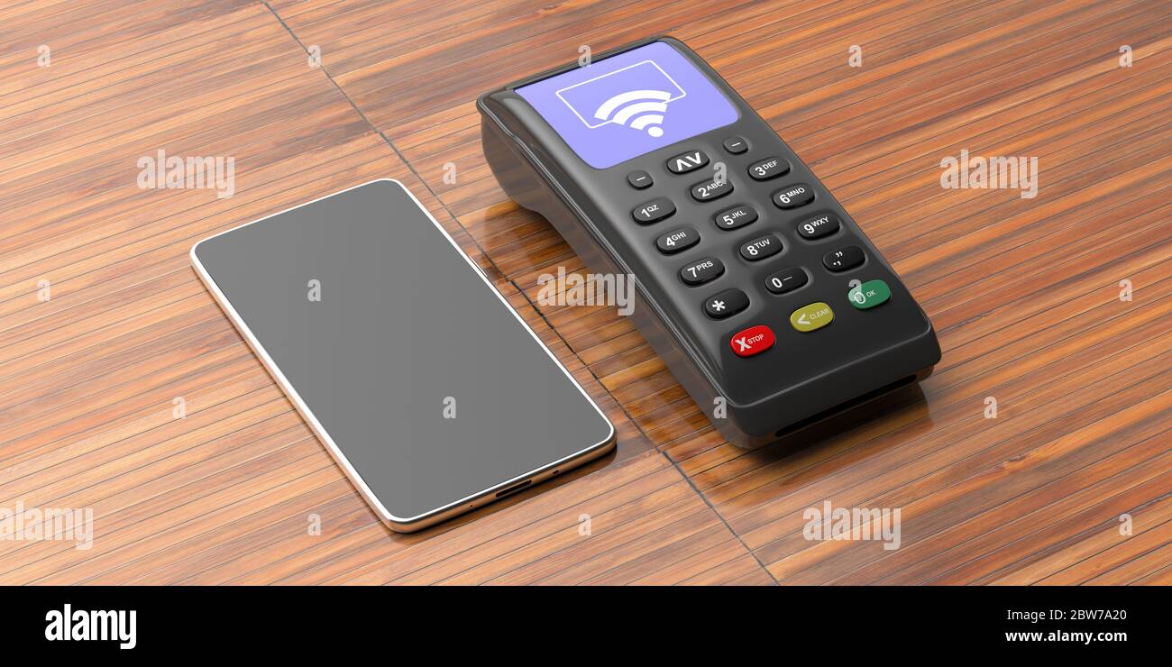 Pagamenti NFC mobili senza contanti. Terminale POS, dispositivo di pagamento e smartphone isolato su sfondo in legno. illustrazione 3d Foto Stock
