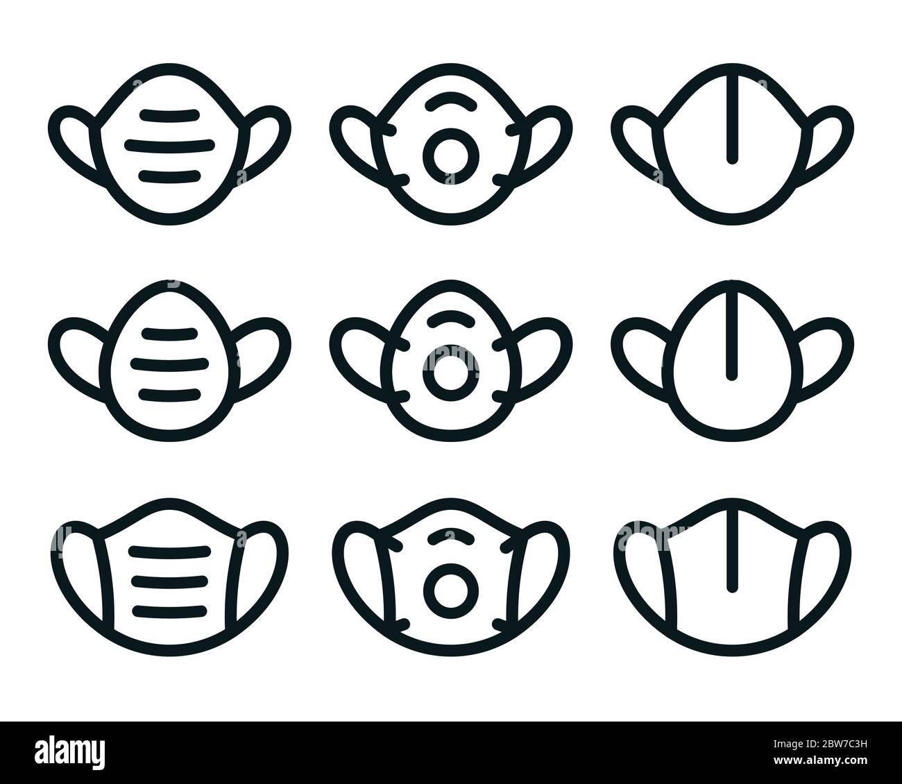 Simboli di contorno della maschera facciale su sfondo bianco. Set di icone vettoriali minime. Illustrazione Vettoriale