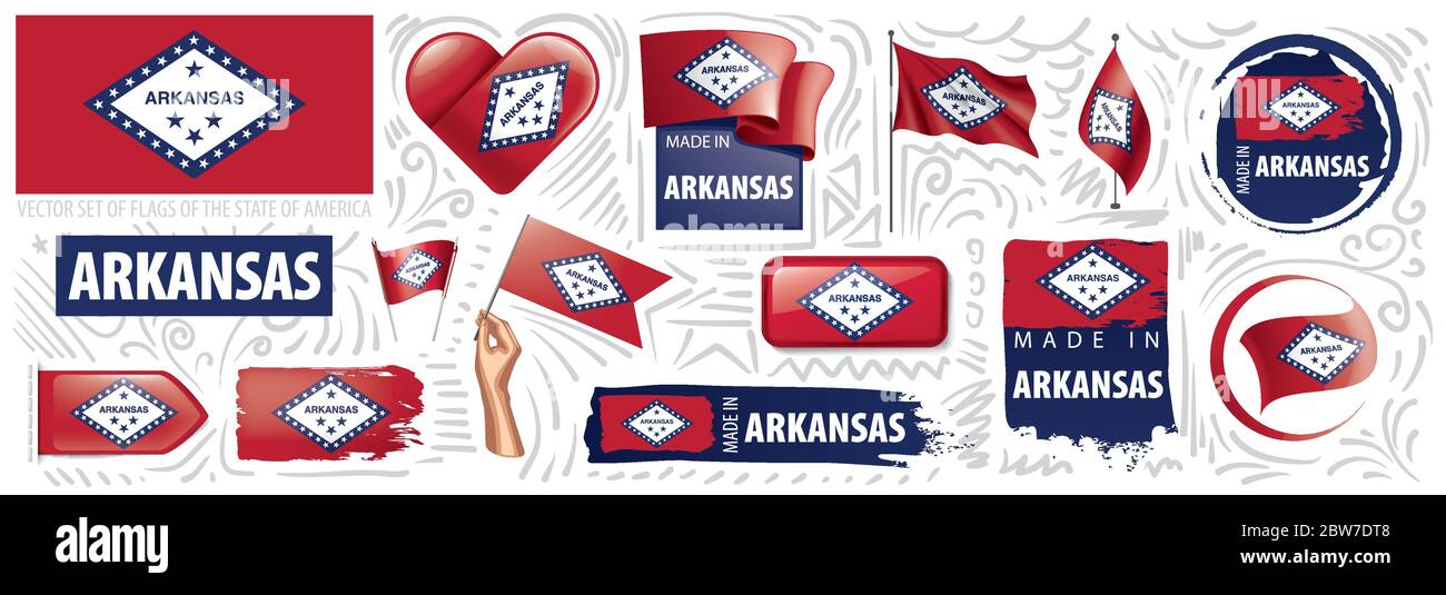 Insieme vettoriale di bandiere dello stato americano dell'Arkansas in diversi disegni Illustrazione Vettoriale