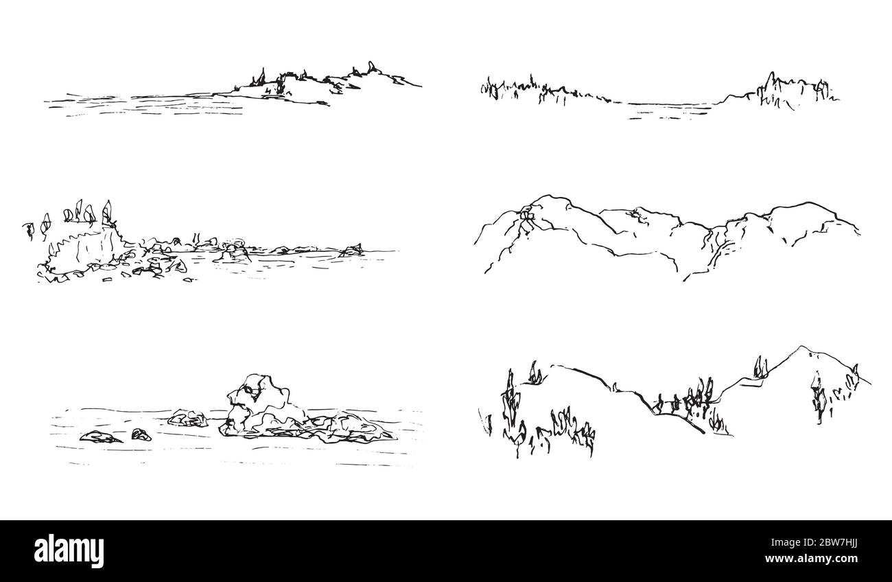 Set di schizzi con inchiostro orizzontale. Natura selvaggia, riva, montagna illustrazioni orizzontali. Illustrazione Vettoriale