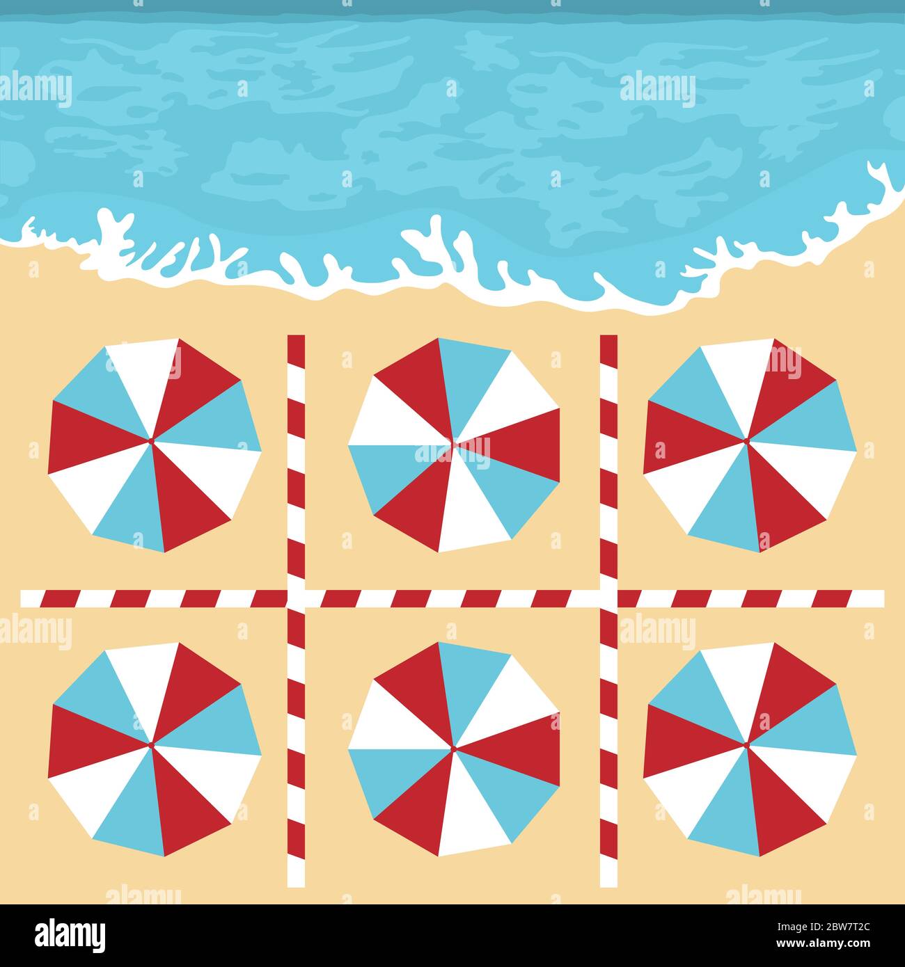Illustrazione vettoriale che apre le spiagge dopo la quarantena COVID-19, pandemia di coronavirus. Ombrelloni, luoghi per rilassarsi a distanza Social Distancing. SUMM Illustrazione Vettoriale