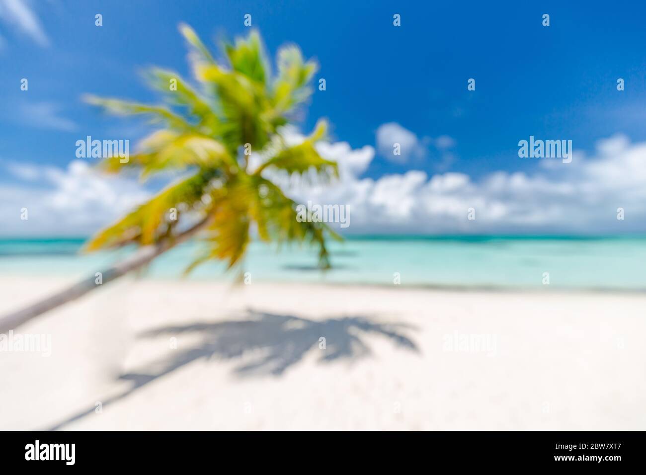 Sfondo paesaggio della spiaggia con mare sfocato e sfondo albero di cocco sotto il cielo blu. Spiaggia idilliaca esotica, isola tropicale paesaggio offuscato Foto Stock
