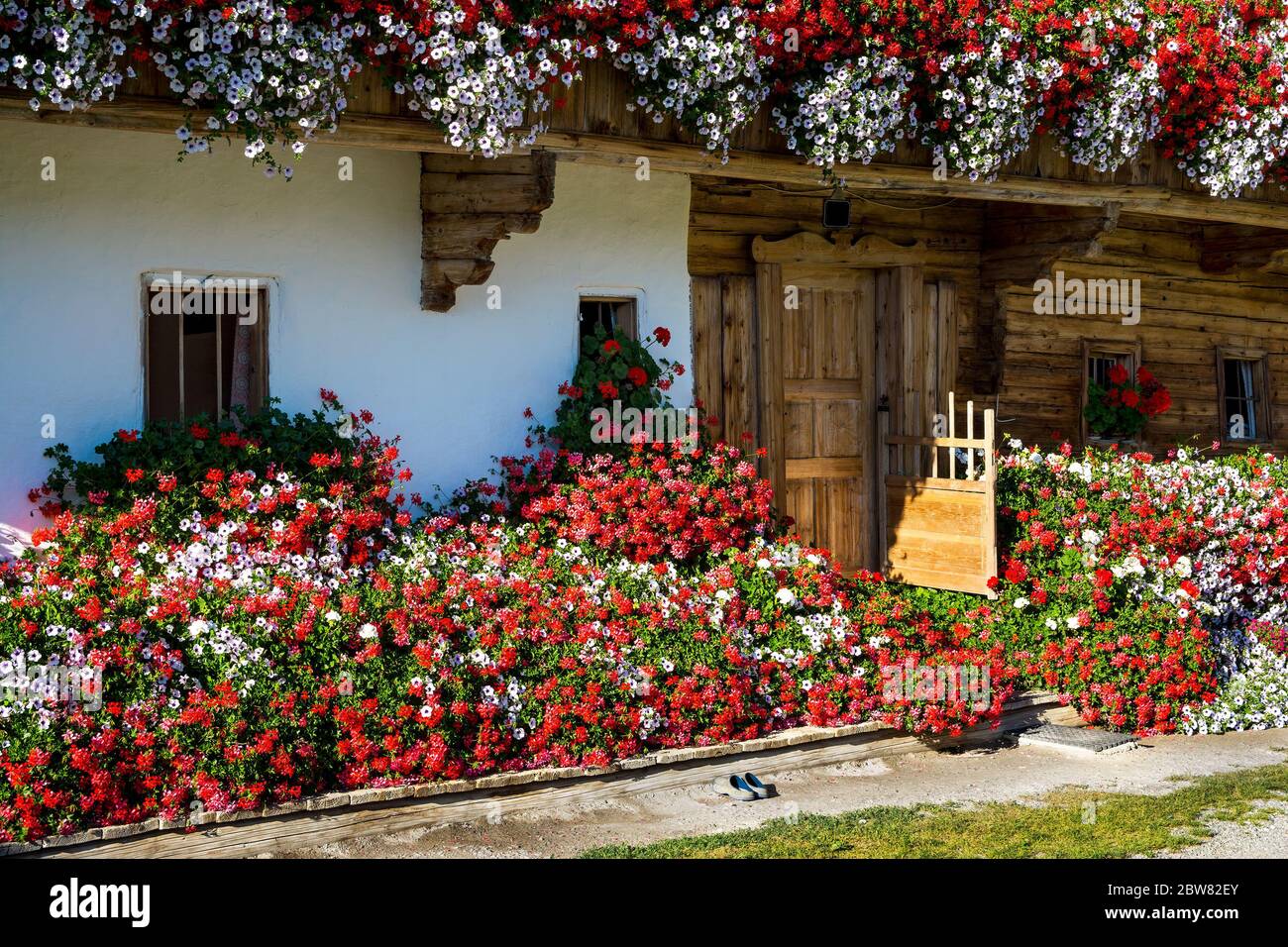 Tradizionale facciata woden casa con fiori colorati a Tirol, Austria Foto Stock