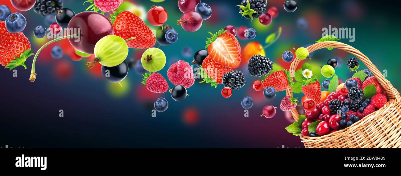 Bacche fresche in cesto di vimini isolati su sfondo multicolore Foto Stock