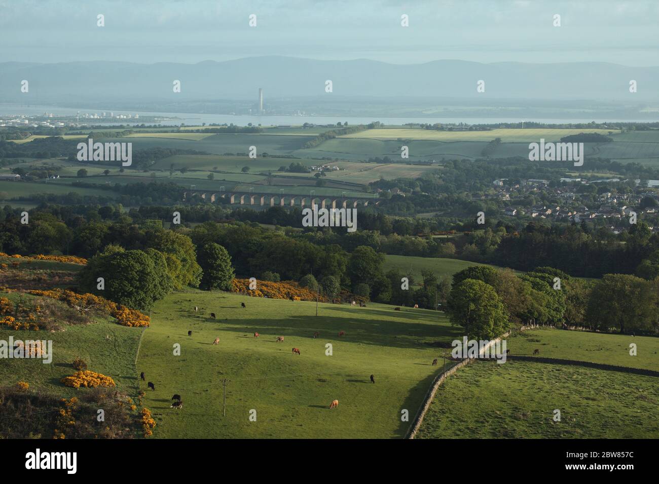 Vista dall'alto di un paesaggio rurale scozzese con villaggi, mucche da pascolo, un ponte di pietra, mare e montagne. Avon Viaduct, Linlithgow e Gangemouth. Scozia Foto Stock