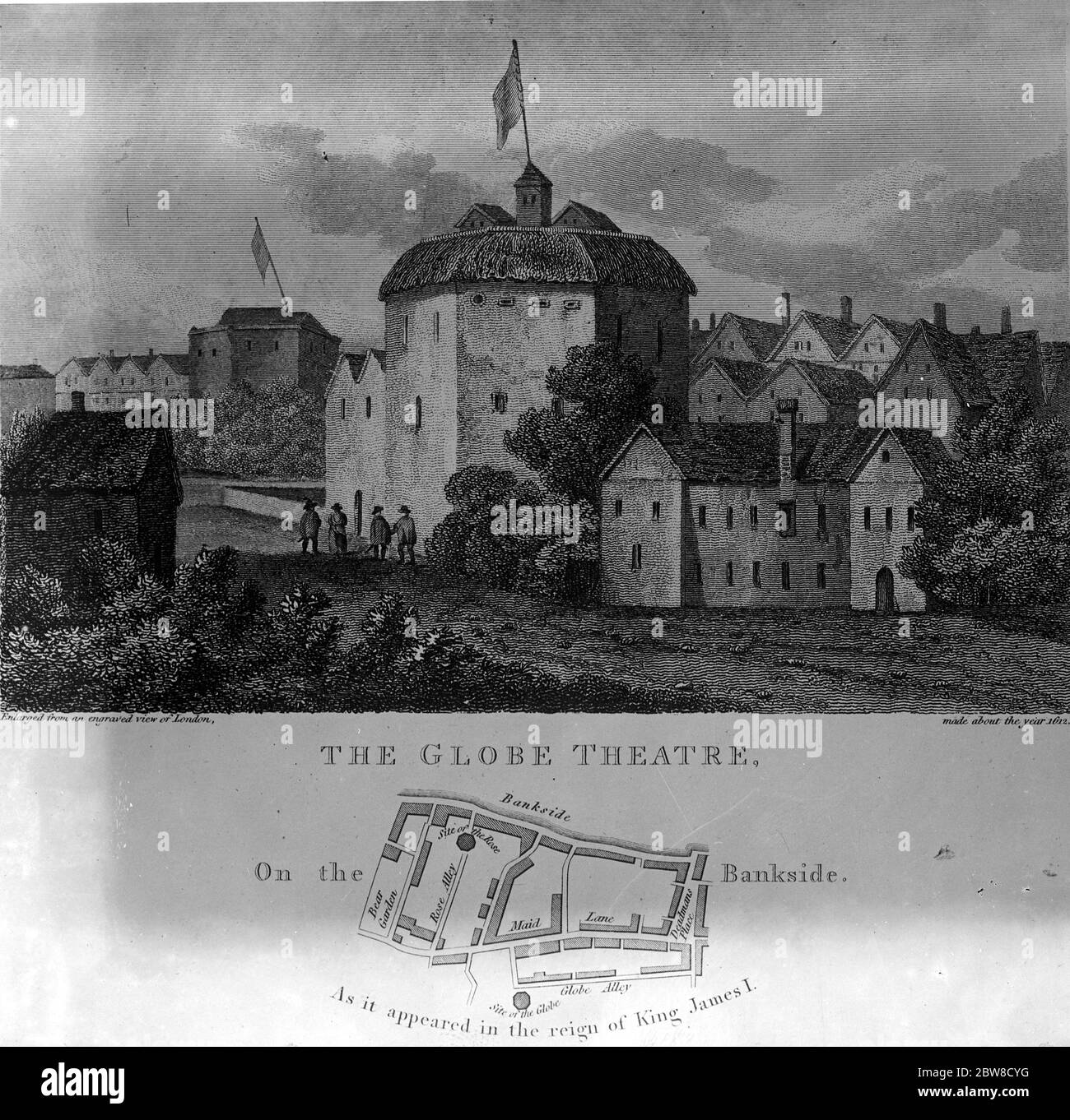 Il Globe Theatre su Bankside nel 1612 come apparve nel regno di Re Giacomo i rilasciato 16/04/1927 Foto Stock