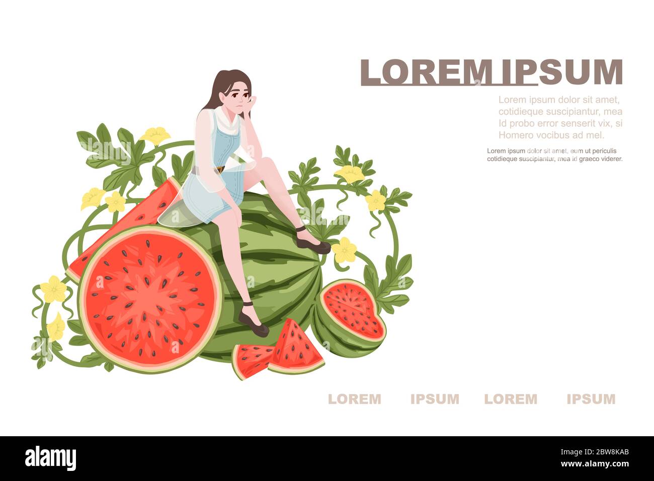 Donna carina sedersi su grande cocomelon astratto intero con foglie verdi vettore piatto illustrazione su sfondo bianco cartoon carattere disegno Illustrazione Vettoriale