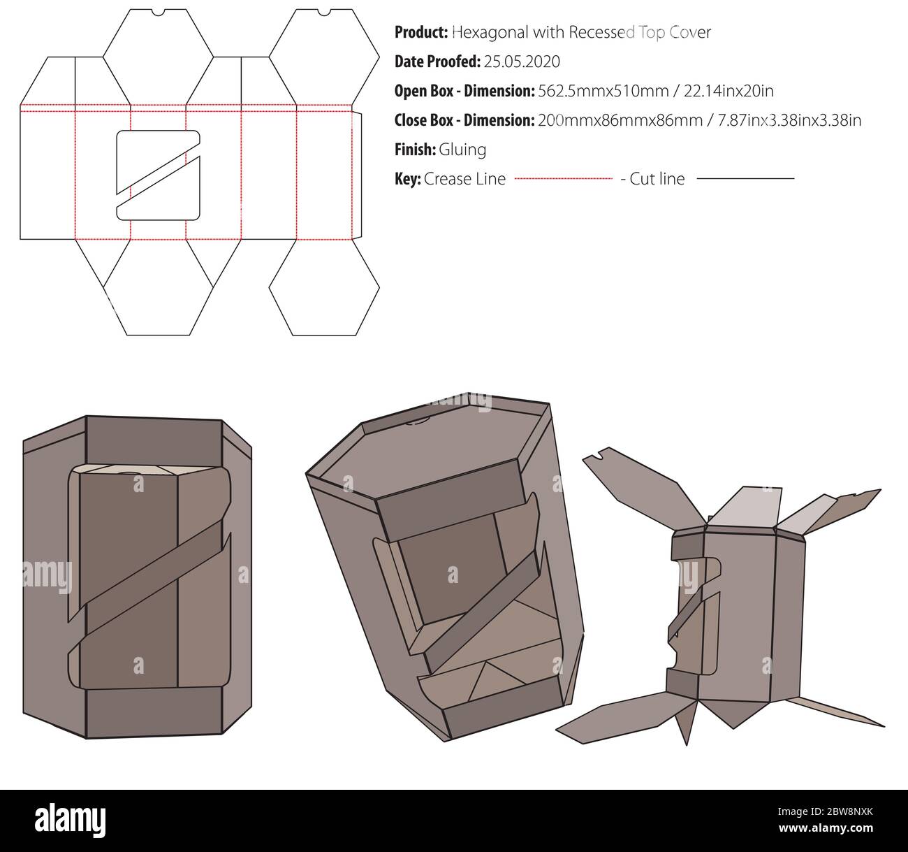 Esagonale con coperchio superiore incassato imballo modello incollatore fustellato - vettoriale Illustrazione Vettoriale