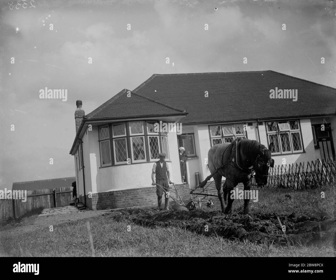 Arare un giardino di fronte a un bungalow a Sidcup . Agricoltura nei sobborghi . 1935 Foto Stock