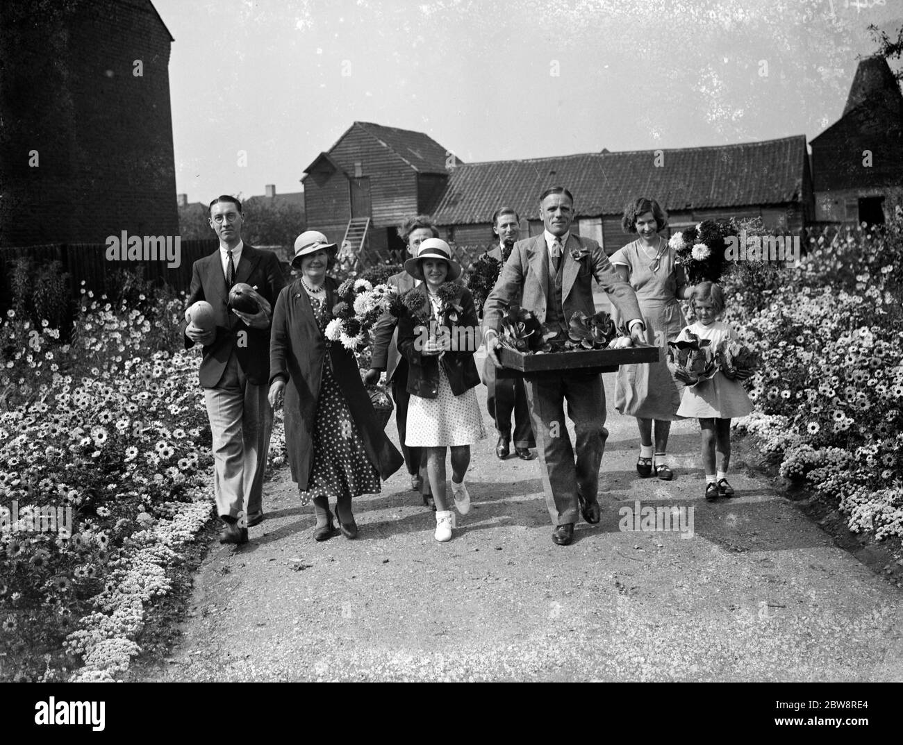 Gli espositori che arrivano con i loro prodotti a l a mostra orticola Lamorbey , Kent . 13 settembre 1935 Foto Stock