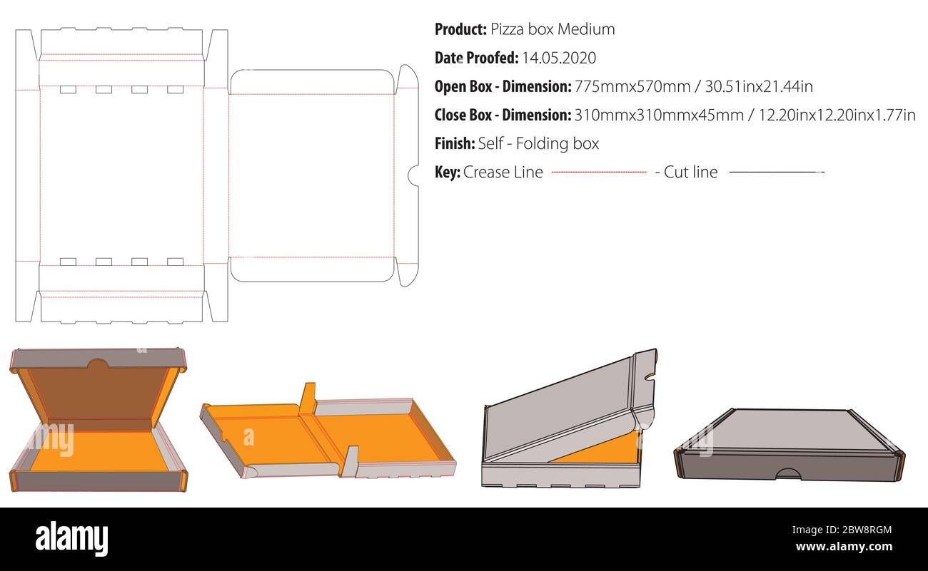 Modello di confezionamento medio per pizza con blocco automatico e vettore di taglio stampo Illustrazione Vettoriale