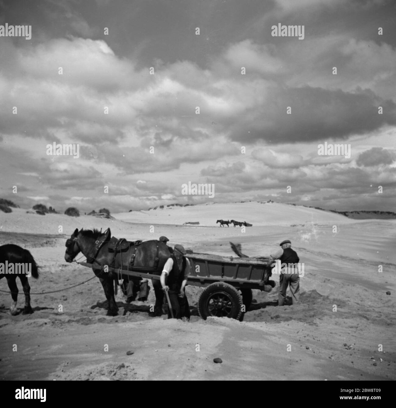 La gente del posto riempie un cavallo e un carrello di sabbia . 1936 Foto Stock