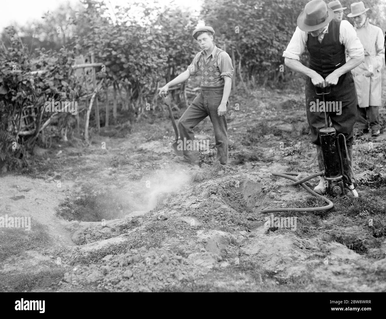 Un controllore di peste inietta Cyanogas in burrows di coniglio . 1936 Foto Stock