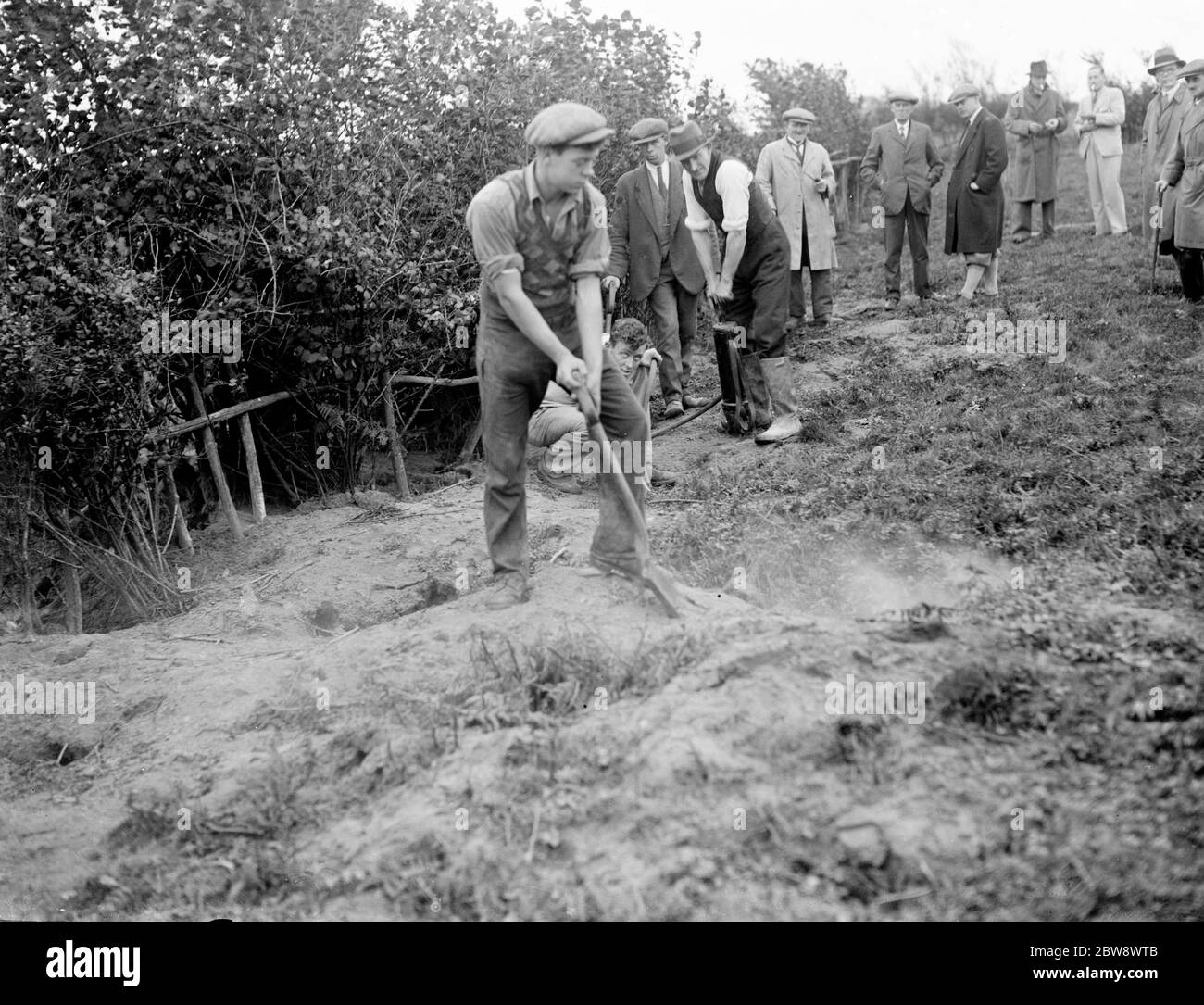 I controllori di parassiti riempiono i burrows del coniglio dopo l'iniezione nel cianogas velenoso ad una dimostrazione. 1936 Foto Stock