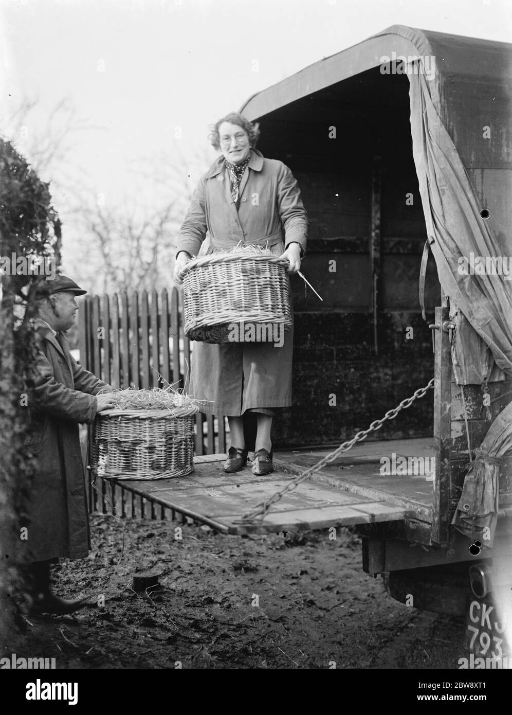 La signora e Butcher porta un cesto sul retro di un camion di S Buthcer Carrier Bedford di Wrotham, Kent . 1937 . Foto Stock