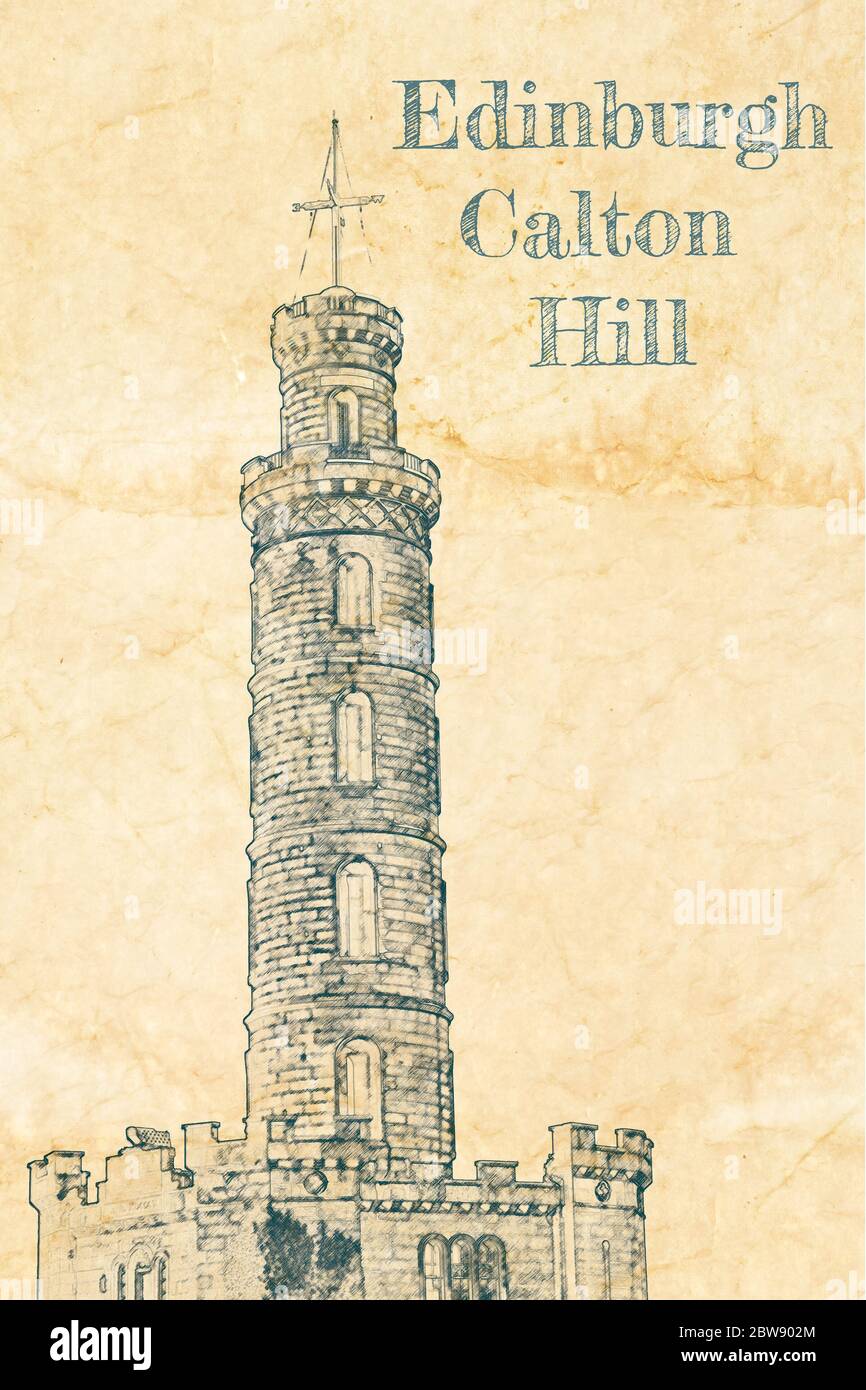Schizzo del Monumento Nelson a Edimburgo su carta vecchia Foto Stock