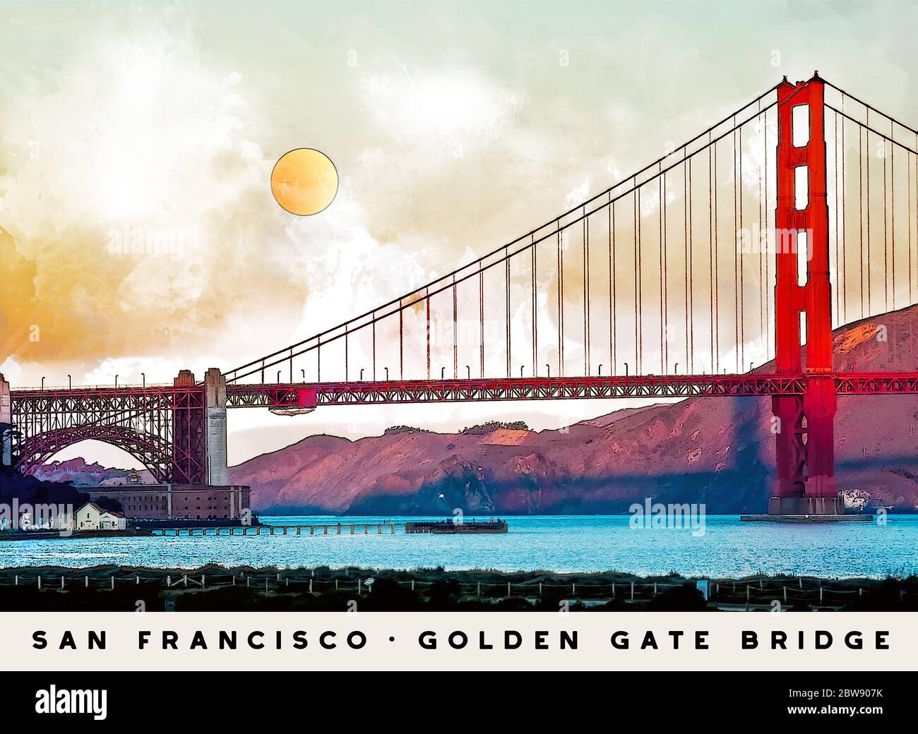 San Francisco Golden Gate Bridge - architettura City Bay Landscape Illustration - Colorful Abstract Art Drawing Foto Stock