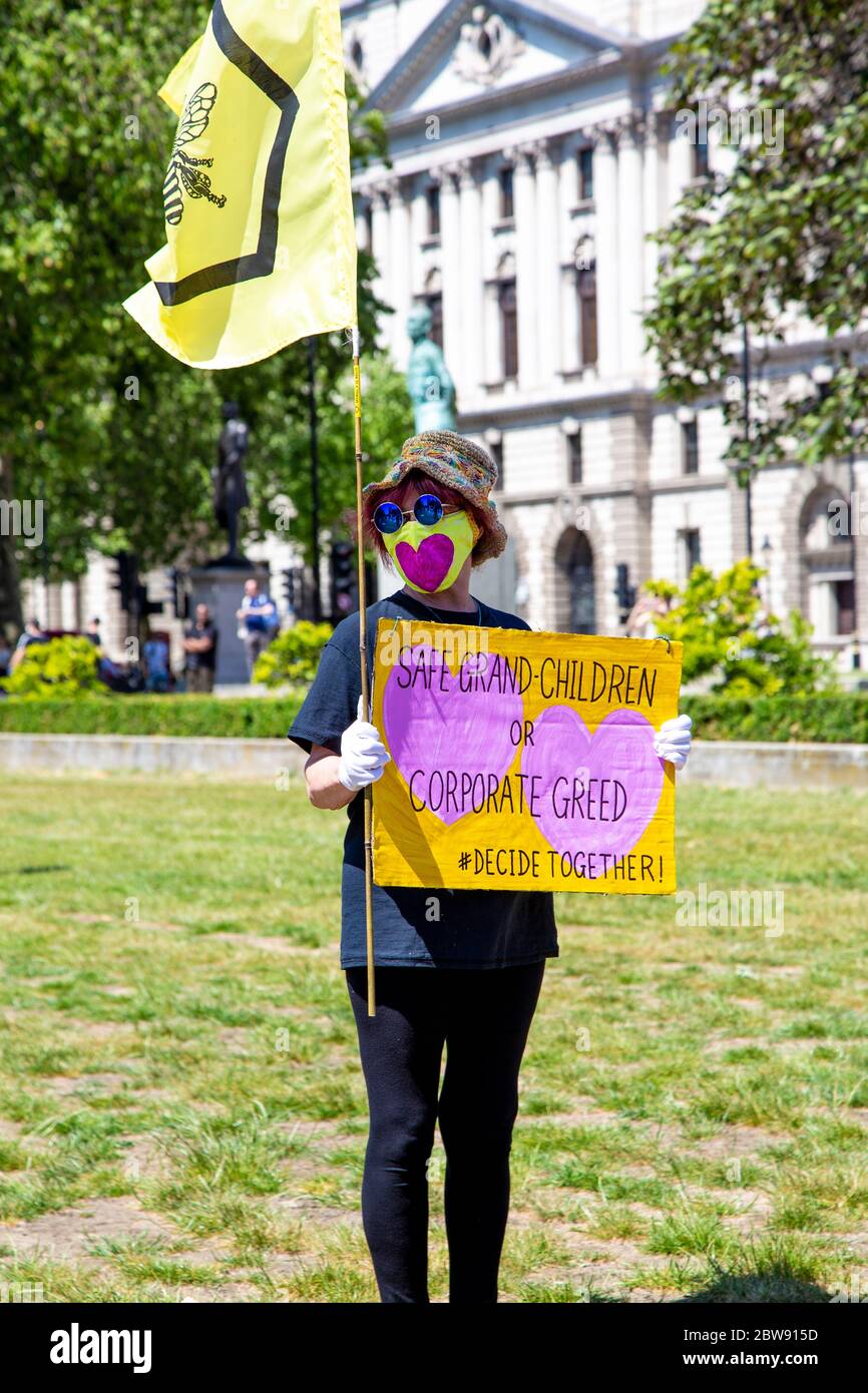 30 maggio 2020 Londra, UK - la ribellione estinguente ha tacito a Westminster la protesta socialmente distanziata contro i cambiamenti climatici, i manifestanti sono stati multati e portati via dalla polizia per aver violato le normative del coronavirus Foto Stock