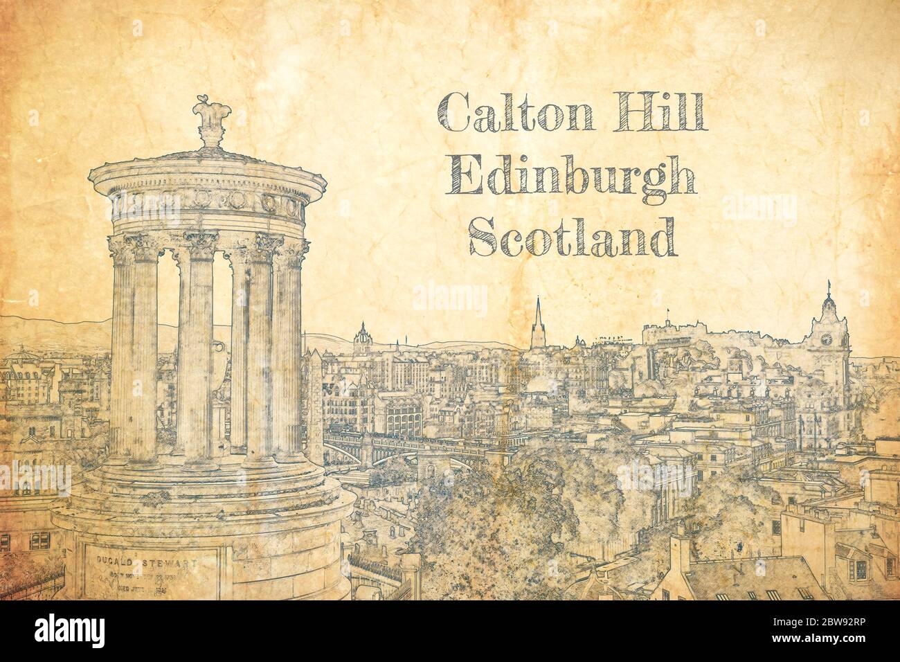 Schizzo di Calton Hill a Edimburgo su carta vecchia Foto Stock