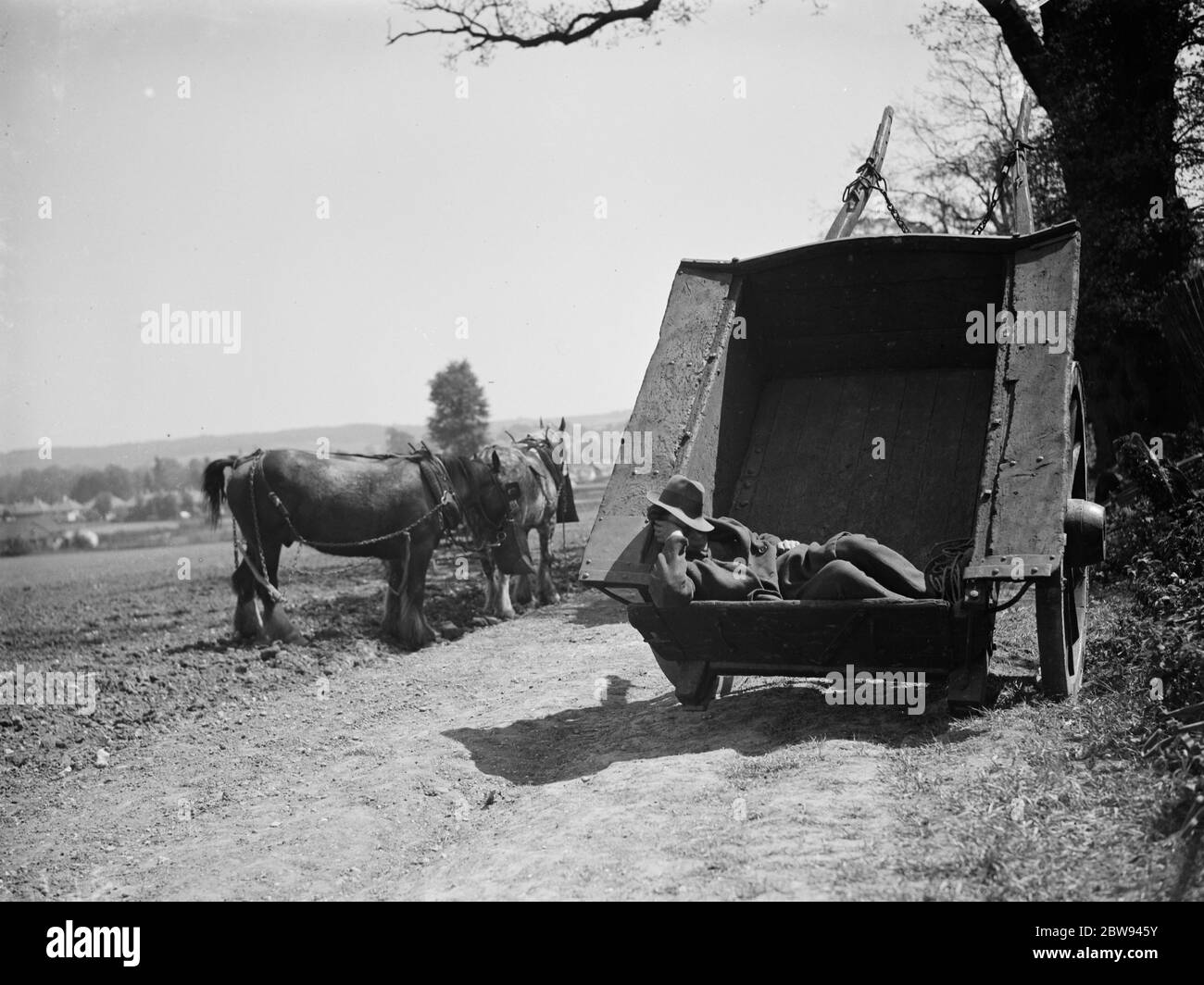 Lavoratore sul campo che si riposa in un carrello . 1938 Foto Stock