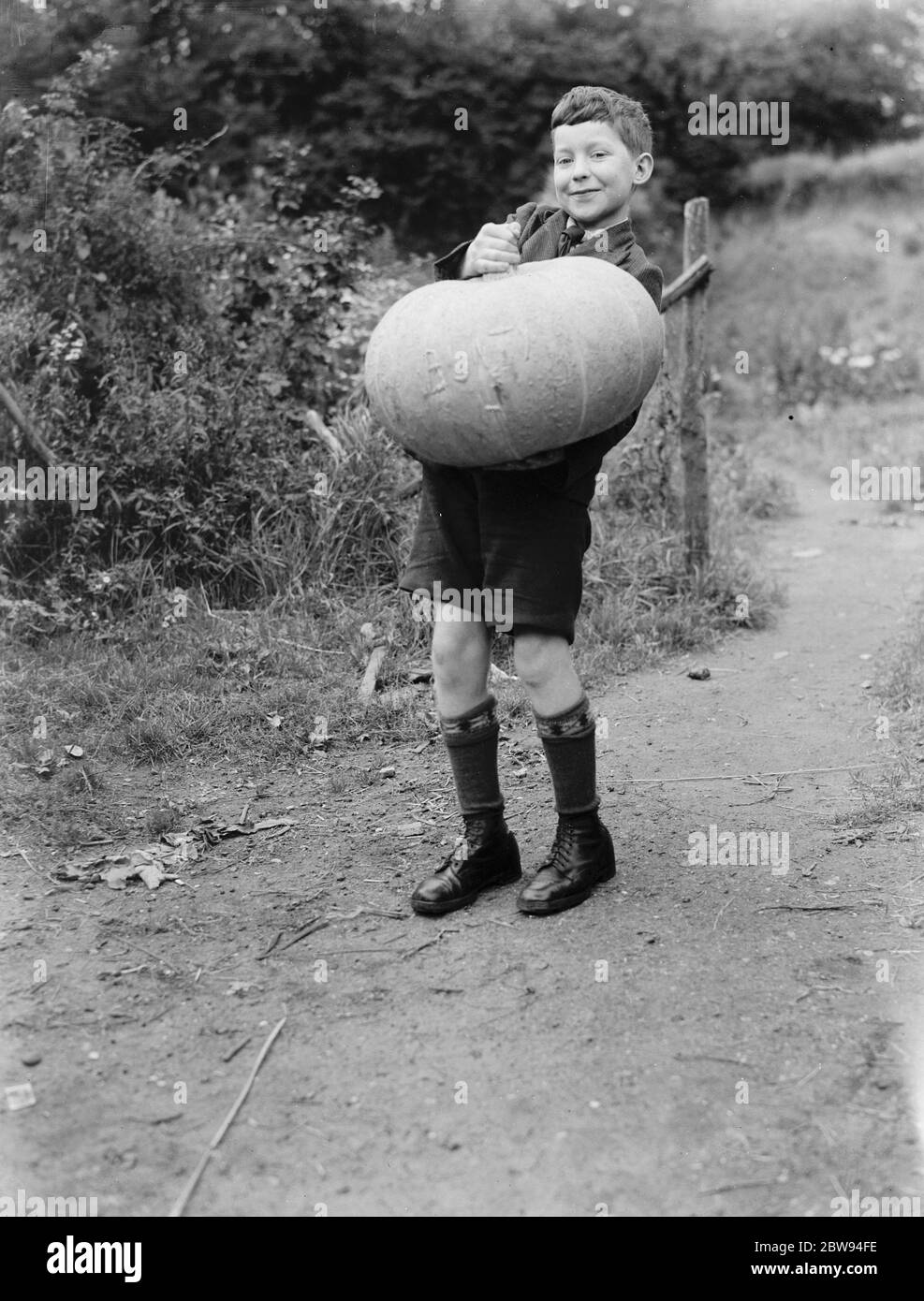 Edward Harrison di North Cray , Kent , si pone con la zucca che crebbe . 1938 Foto Stock