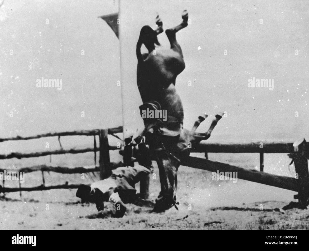 Una curiosa caduta in occasione di un evento equestre dei Giochi Olimpici . Aeronauta guidato da Lieut Petnehazy di Ungheria vive fino al suo nome in una caduta notevole durante gli eventi equestri al gioco Olimpico a Los Angeles , California . 10 agosto 1932 Foto Stock