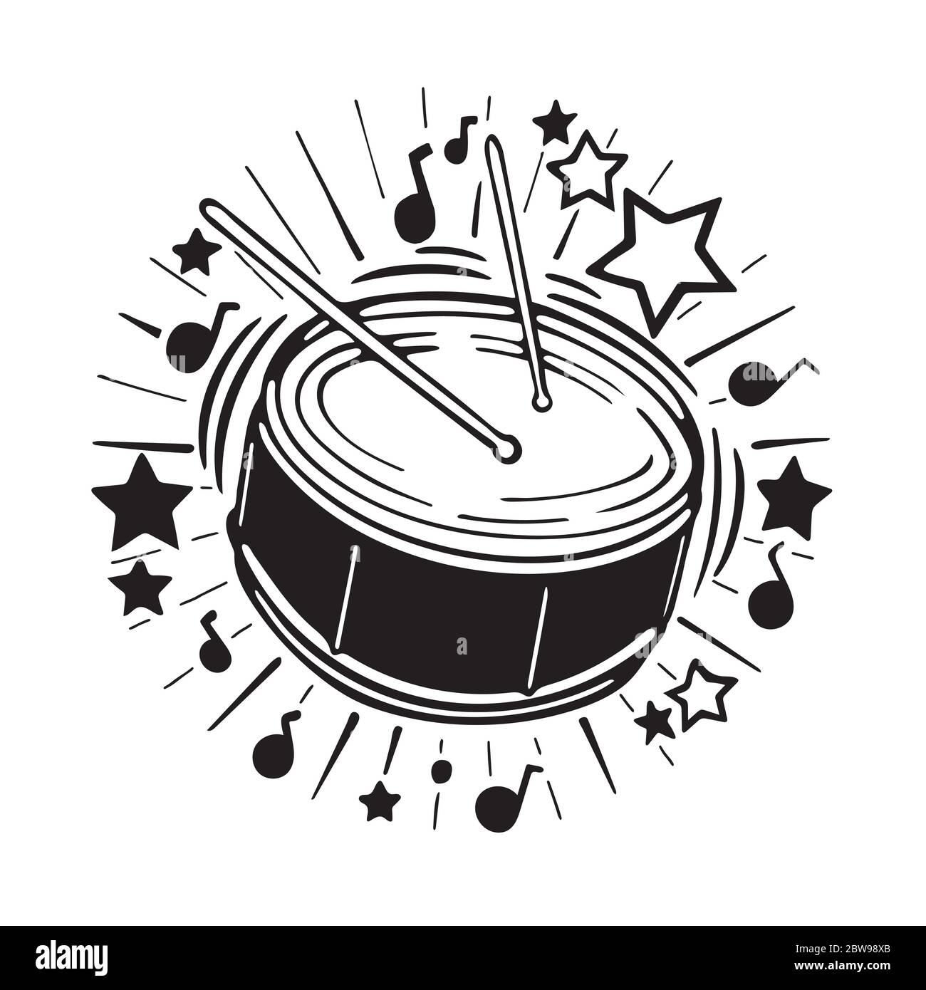 Tamburo. Musica dal vivo concerto illustrazione vettoriale disegnata a mano. Parte del set. Illustrazione Vettoriale