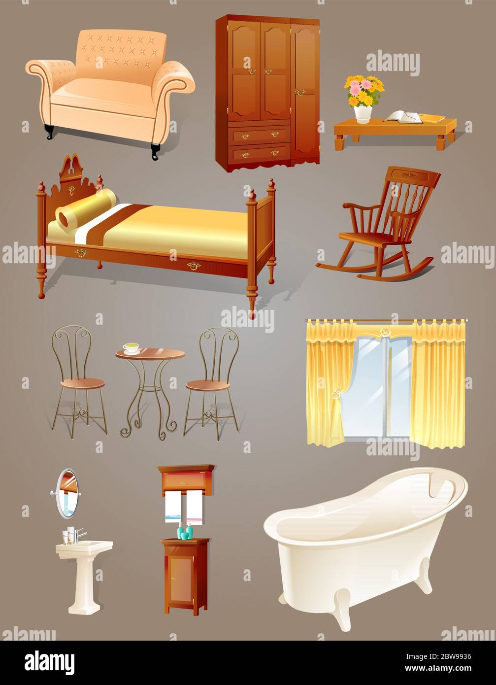 Collezione di mobili, elementi vettoriali, lavabo da vasca, washstand, amoscheda, tenda sedia dondolo tavolo divano guardaroba Illustrazione Vettoriale