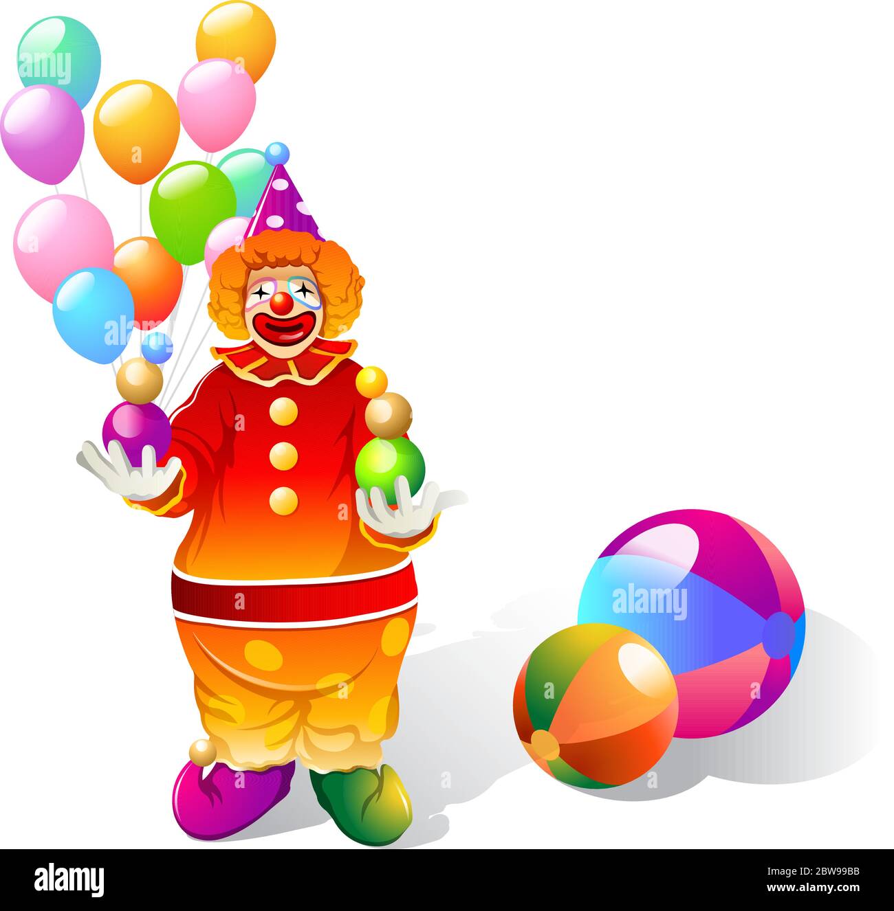 Illustrazione di clown con palloncino e palline, con vettore di sfondo bianco Illustrazione Vettoriale