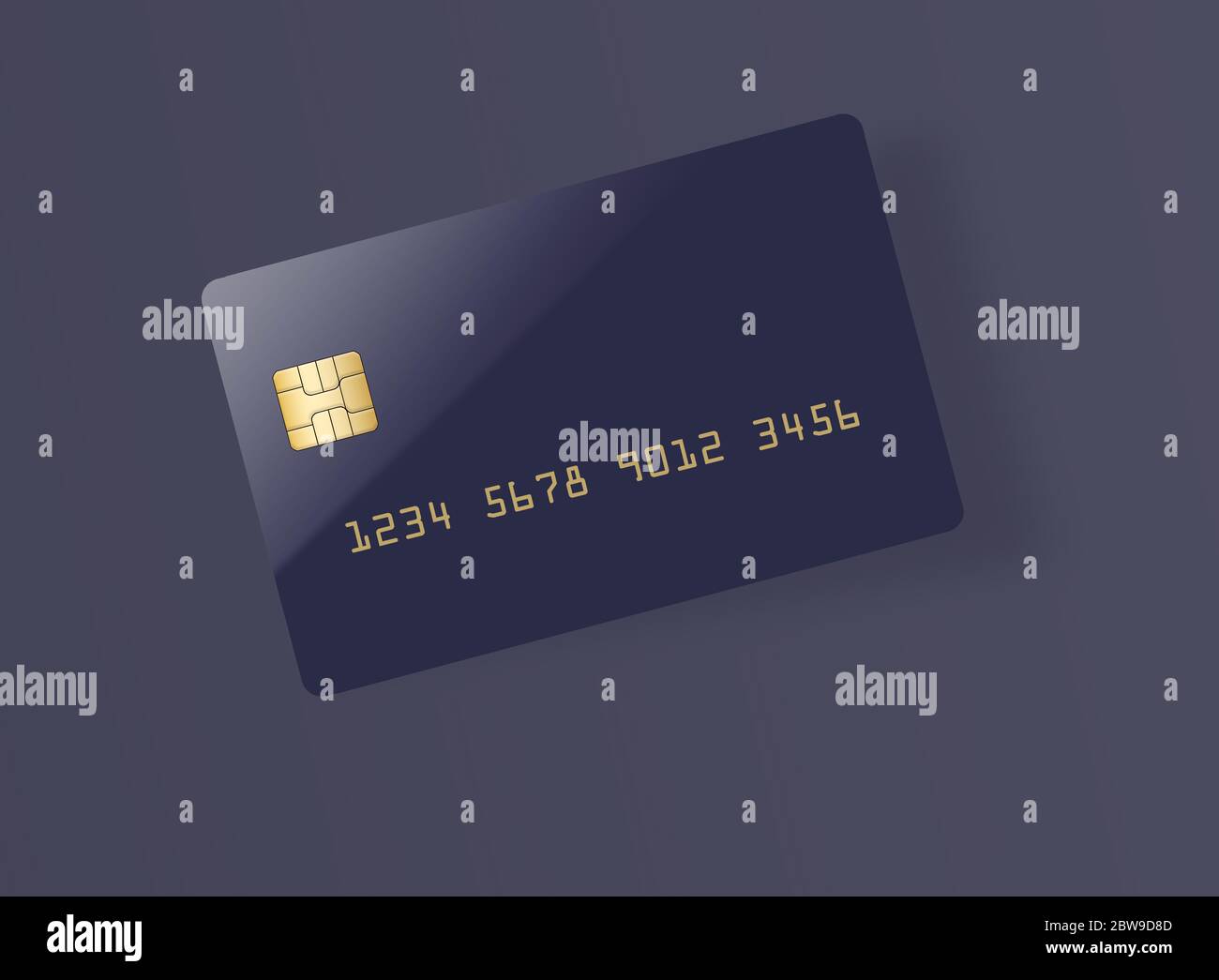 Ecco una carta di credito o debito blu vuota con chip EMV dorato. Area di testo. Area di copia. La scheda proietta un'ombra su uno sfondo grigio chiaro. Foto Stock