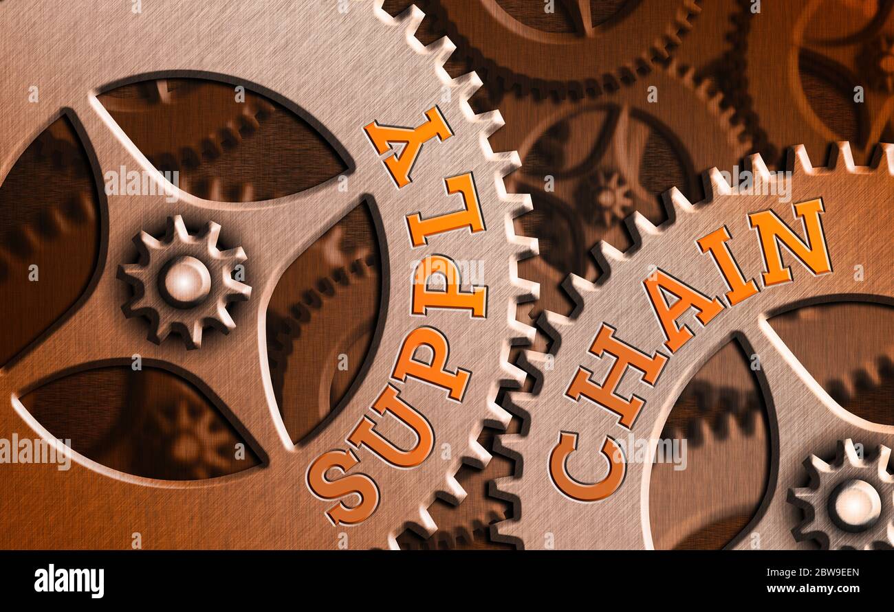 Catena di fornitura testo per scrittura di parole. Foto di business che mostra aspetti dei processi logistici intelligenti e moderni della gestione aziendale Foto Stock