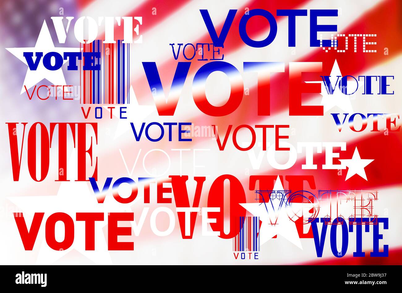 Immagine generata digitalmente della bandiera americana e dei segni di voto Foto Stock