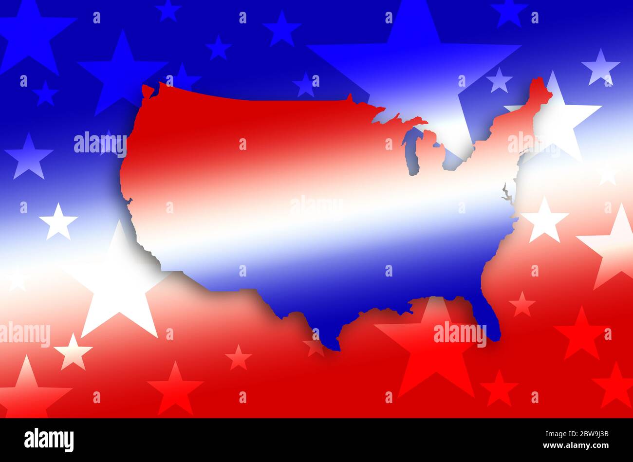Immagine generata digitalmente della forma della mappa e delle stelle USA Foto Stock