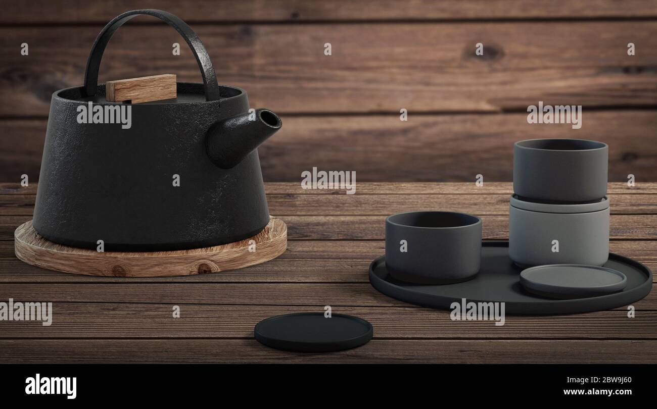 Teiera e tisane in ghisa nera moderna e tavolo in legno minimalista. Vista  laterale, set per il tè. rendering 3d Foto stock - Alamy