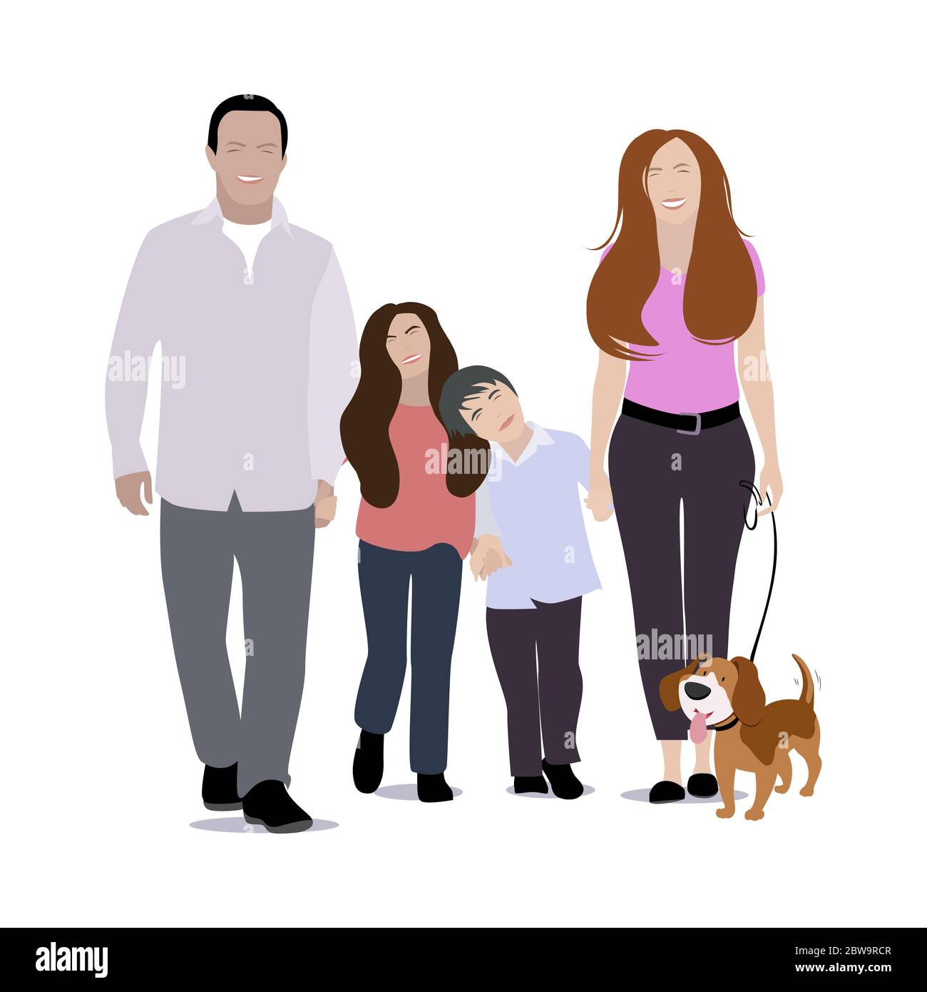 Famiglia felice con cane a piedi. Persone padre, figlio e figlia camminano con l'animale domestico, il bambino e il papà all'aperto. Illustrazione vettoriale Illustrazione Vettoriale