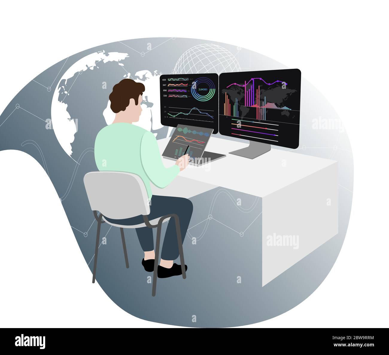Negoziatore di azioni sul posto di lavoro, vendere e acquistare. Giovane uomo che guarda diagrammi grafici e grafici indice schermo multiplo del computer in ufficio trader. Illu. Vettore Illustrazione Vettoriale