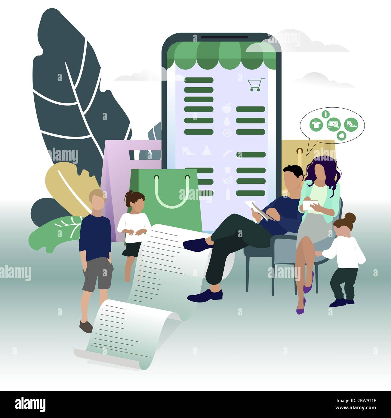 Famiglia scrivere la lista di acquisto. Avviso vettoriale e priorità di scelta, elenco degli smartphone per gli acquisti, pianificazione dei consumatori, illustrazione dell'elenco dei prodotti per la famiglia. Acquirente Illustrazione Vettoriale