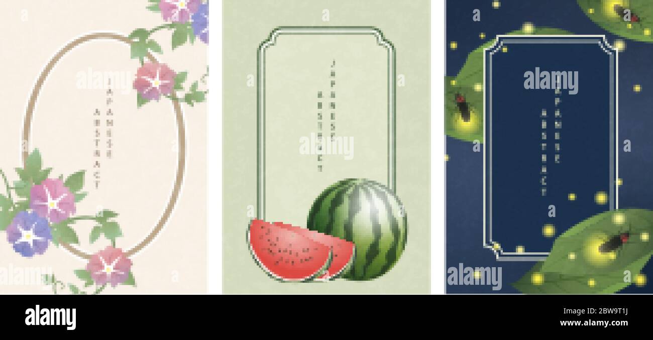 Orientale giapponese stile astratto motivo sfondo cornice design estate natura oggetti mattina gloria fiore anguria e verme lucciole Illustrazione Vettoriale