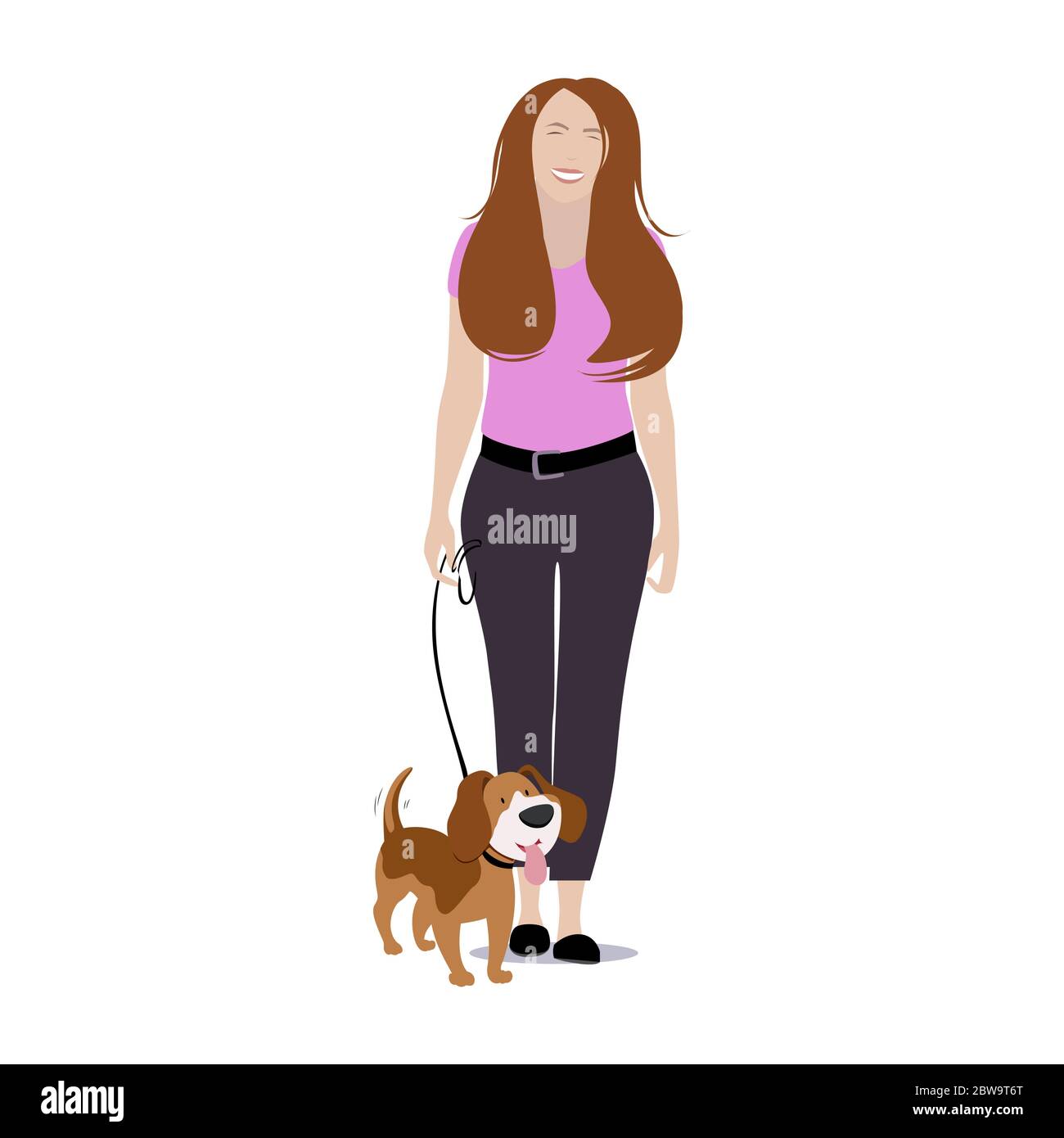 Donna cammina con il cane isolato su sfondo bianco. Amico di cane e proprietario femminile a piedi. Illustrazione vettoriale Illustrazione Vettoriale