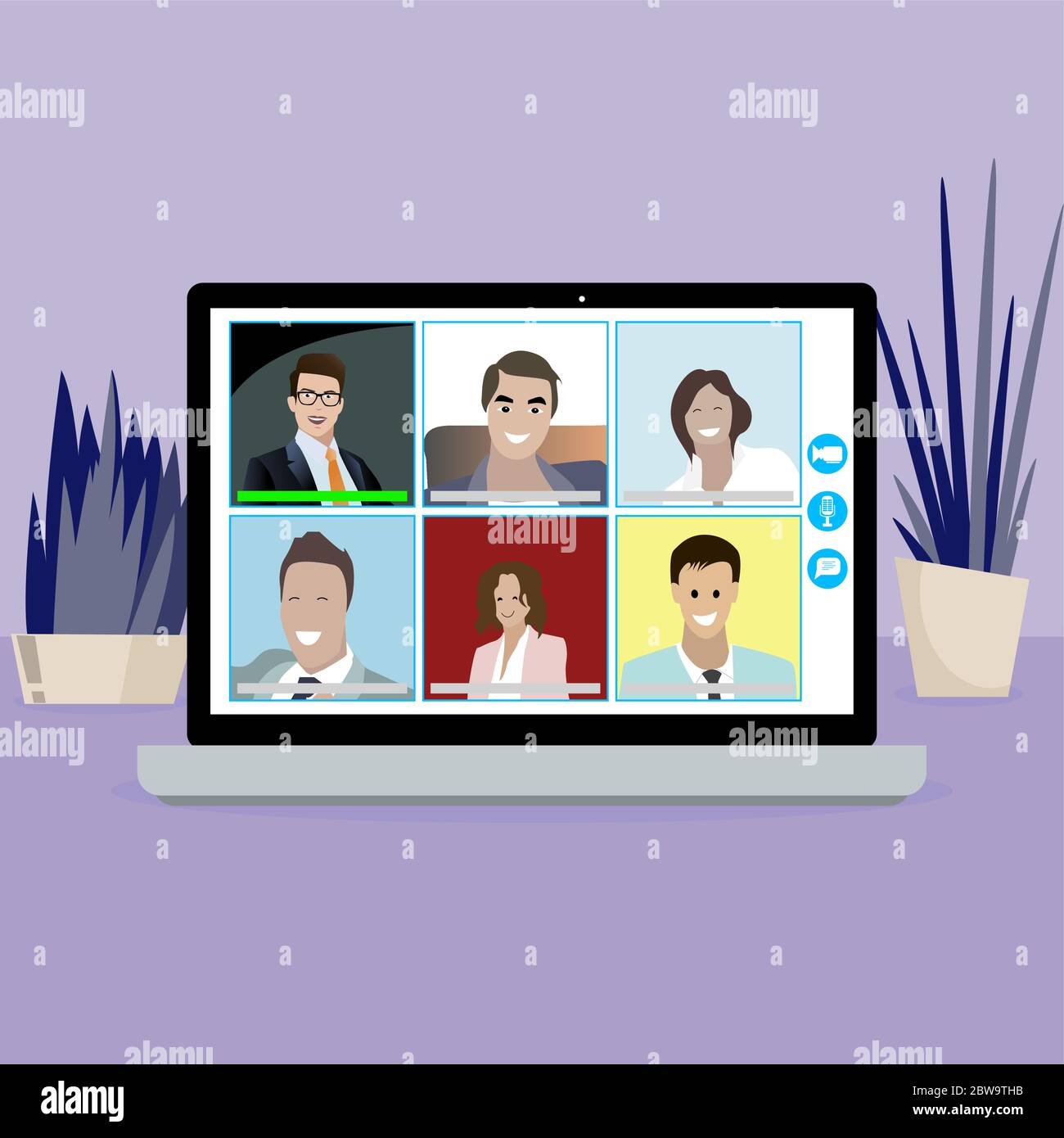 Video conferenza online. Bussiness persone che parlano con il computer portatile, guardando e parlando. Amici online che si Meeeting in quarantena. Team aziendale Illustrazione Vettoriale