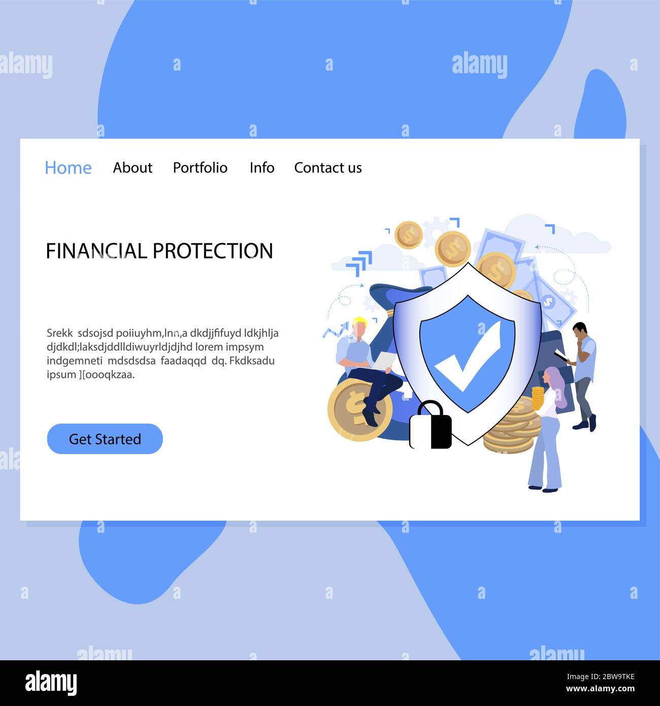 Landing page dell'ufficio di protezione finanziaria. Garanzia di affari sicuro e proteggere denaro, difesa vettoriale e sicurezza per l'illustrazione finanziaria delle assicurazioni Illustrazione Vettoriale