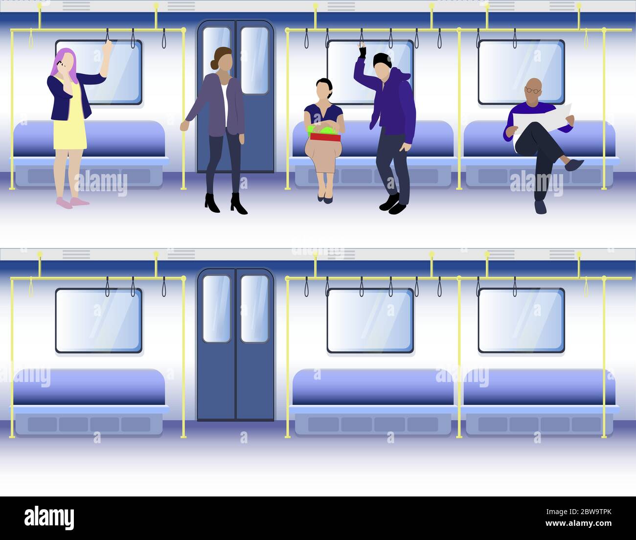 Carro sotterraneo pieno e vuoto. Ora di punta e fuori punta nei mezzi pubblici, vagone della metropolitana vettoriale interno con illustrazione dei posti a sedere Illustrazione Vettoriale
