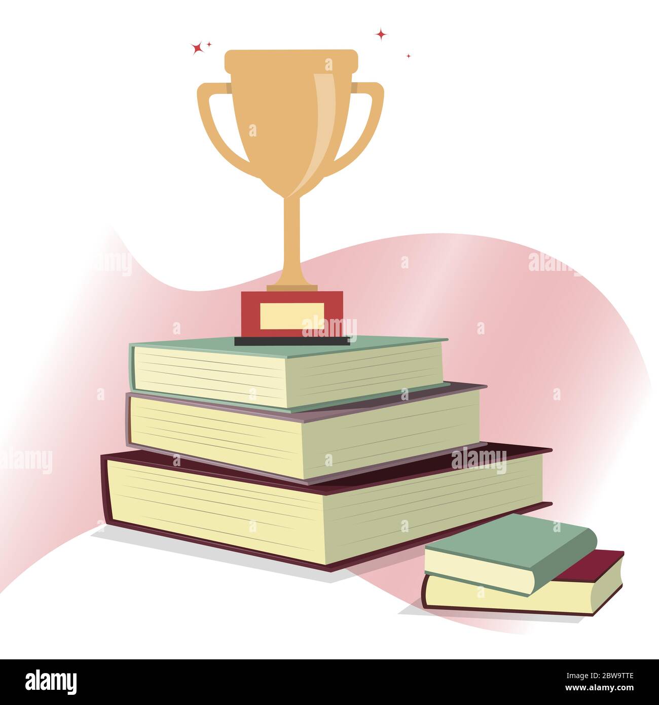 Stack libro con coppa d'oro, risultati intellettuali. Successo finale istruzione, Smart vincitore con premio, studio vittoria e laurea, vettore illustra Illustrazione Vettoriale